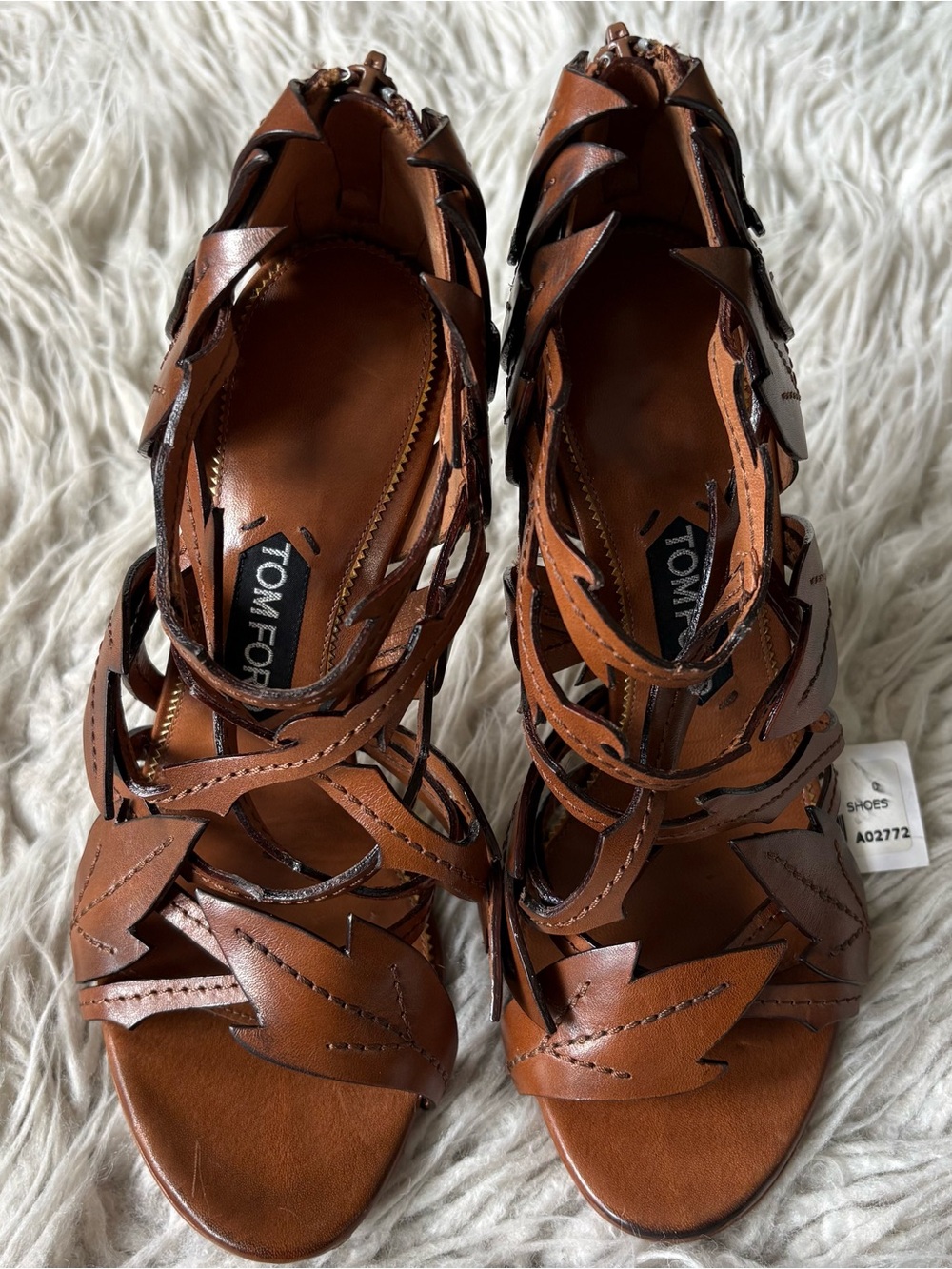 Tom Ford Leaf Laser Cut Stitched Brown Leather Geometric Plexi Heel Sandals 37 - Picture 3 of 9